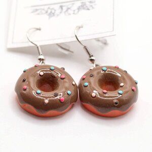 Handmade Chocolate Sprinkled Donut Dangle Earrings, New